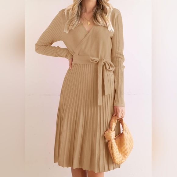 ZESICA Women's 2024 Fall Long Sleeve Wrap V Neck Ribbed Knit Pleated A Line - Picture 2 of 6